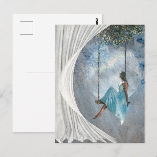 Een vrouw in een blauwe jurk op een vleugel briefkaart (Voorkant / Achterkant)