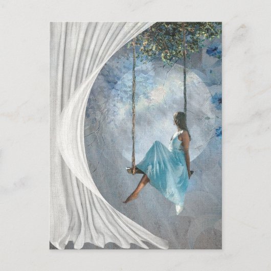 Een vrouw in een blauwe jurk op een vleugel briefkaart (Voorkant)