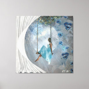 Een vrouw in een blauwe jurk op een vleugel canvas afdruk