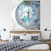 Een vrouw in een blauwe jurk op een vleugel canvas afdruk (Insitu (Slaapkamer))