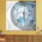 Een vrouw in een blauwe jurk op een vleugel canvas afdruk (Insitu (Woonkamer))