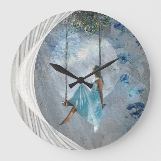 Een vrouw in een blauwe jurk op een vleugel grote klok (Voorkant)