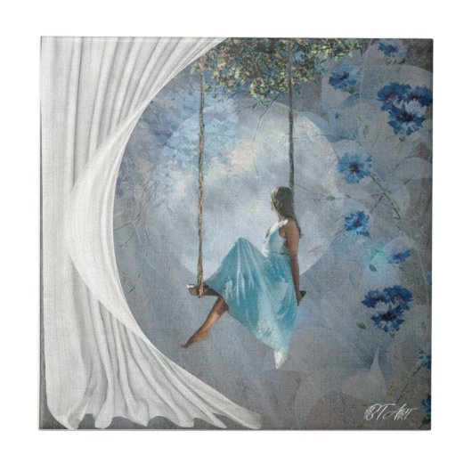 Een vrouw in een blauwe jurk op een vleugel tegeltje (Voorkant)