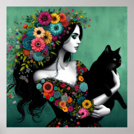 Een vrouw in een bloemenjurk met een Poster