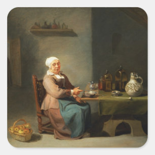 Een vrouw in een keuken vierkante sticker
