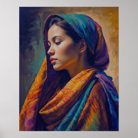 een vrouw in een veelkleurig Shawl-Poster Poster (Voorkant)