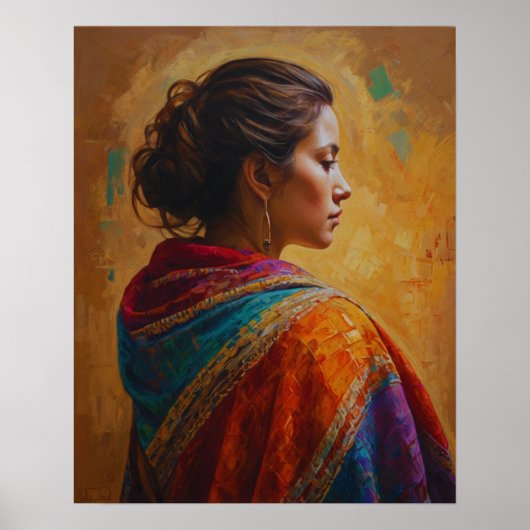 een vrouw in een veelkleurig Shawl-Poster Poster (Voorkant)