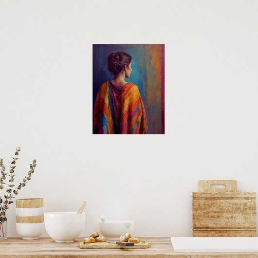 een vrouw in een veelkleurig Shawl-Poster Poster (Keuken)