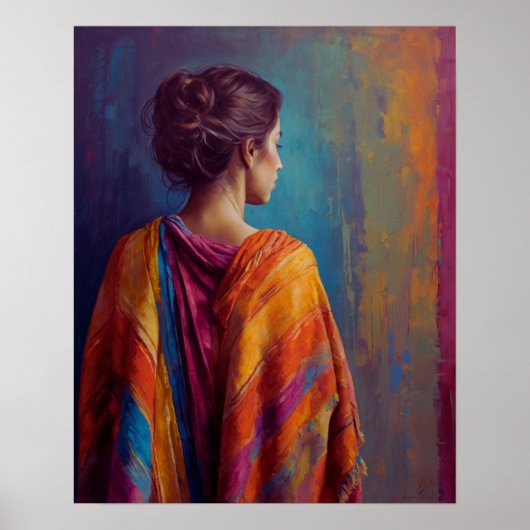 een vrouw in een veelkleurig Shawl-Poster Poster (Voorkant)