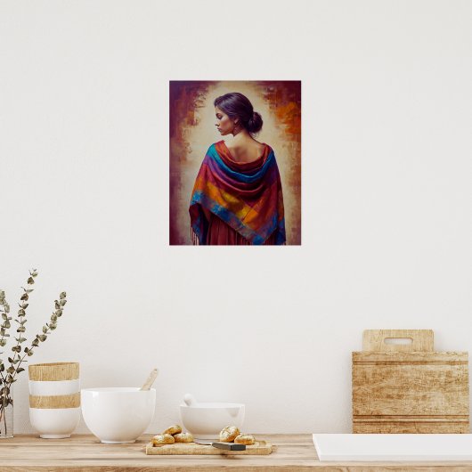 een vrouw in een veelkleurig Shawl-Poster Poster (Keuken)