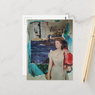 Een vrouw langs de rivier Mixed Media Collage Briefkaart