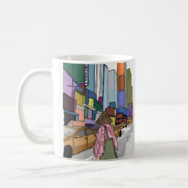 Een vrouw loopt door een bruisende straat in de st koffiemok