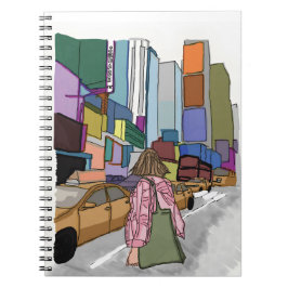 Een vrouw loopt door een bruisende straat in de st notitieboek