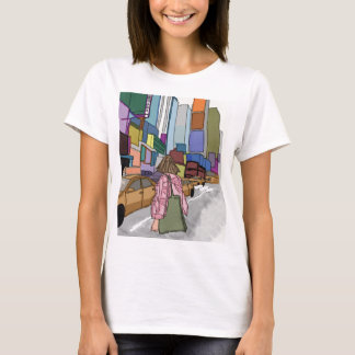 Een vrouw loopt door een bruisende straat in de st t-shirt