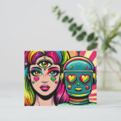 Een vrouw met een derde oog en een robot briefkaart (Staand voorkant)