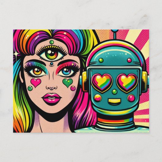 Een vrouw met een derde oog en een robot briefkaart (Voorkant)