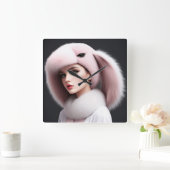 Een vrouw met een konijn pet vierkante klok (Huis)