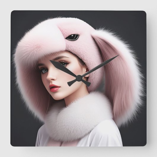 Een vrouw met een konijn pet vierkante klok (Voorkant)