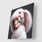 Een vrouw met een konijn pet vierkante klok (Hoek)