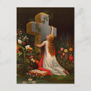 Een vrouw met een kruis bidt briefkaart