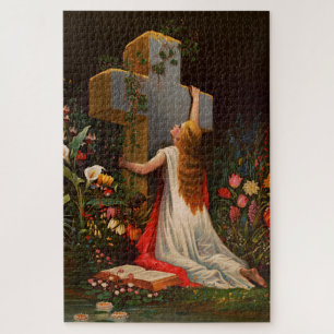 Een vrouw met een kruis bidt legpuzzel