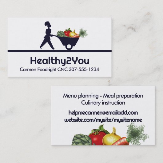 een vrouw met een kruiwagen kok reuzengroentesoort visitekaartje (Voorkant / Achterkant)