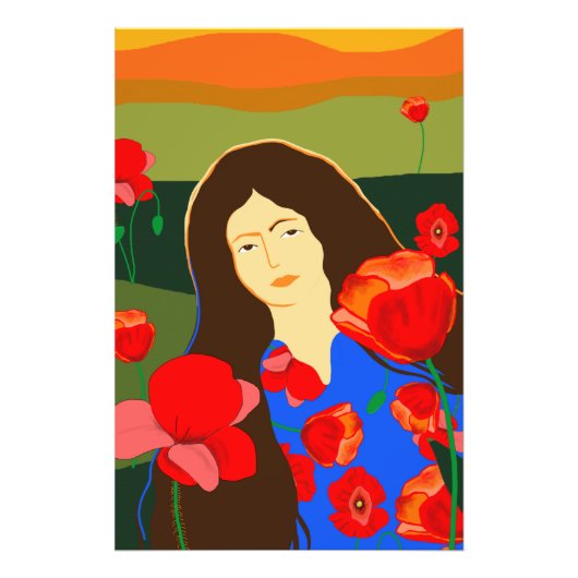 Een vrouw met een lange adem die in het rode papav foto afdruk (Voorkant)