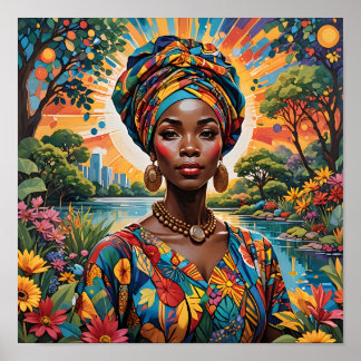 Een vrouw met een levendige tulband en bloemensuit poster