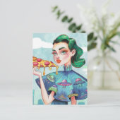 Een vrouw met een plakje Pizza UFO shirt Briefkaart (Staand voorkant)