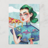Een vrouw met een plakje Pizza UFO shirt Briefkaart (Voorkant)