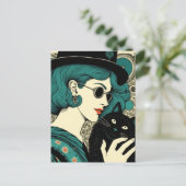 Een vrouw met haar zwarte kat  briefkaart (Staand voorkant)
