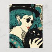 Een vrouw met haar zwarte kat  briefkaart (Voorkant)