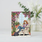 Een vrouw met koffie, kat en Planten Briefkaart (Staand voorkant)
