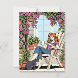 Een vrouw met koffie, kat en Planten Briefkaart