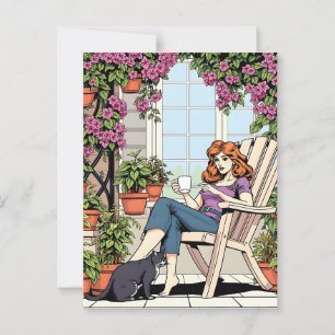 Een vrouw met koffie, kat en Planten Briefkaart