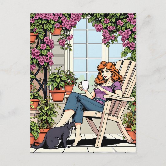 Een vrouw met koffie, kat en Planten Briefkaart (Voorkant)