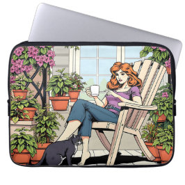 Een vrouw met koffie, kat en Planten Laptop Sleeve