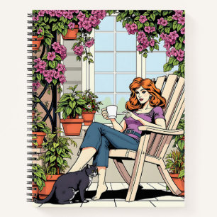Een vrouw met koffie, kat en Planten Notitieboek