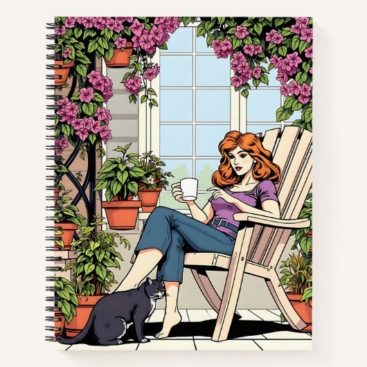 Een vrouw met koffie, kat en Planten Notitieboek (Voorkant)