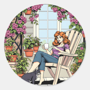Een vrouw met koffie, kat en Planten Ronde Sticker