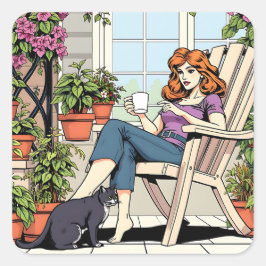 Een vrouw met koffie, kat en Planten Vierkante Sticker