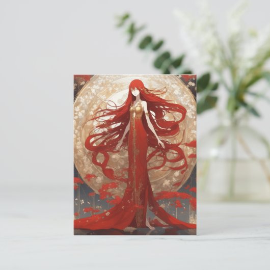 Een vrouw met lang, rood haar is een opvallende ve feestdagenkaart (Staand voorkant)