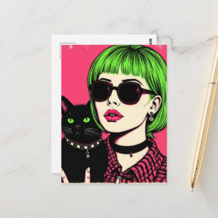 Een vrouw met limoen haar en haar zwarte kat  briefkaart