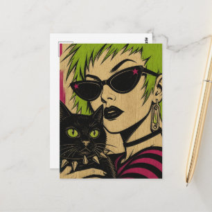 Een vrouw met limoen haar en haar zwarte kat houtb briefkaart
