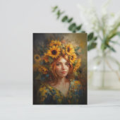Een vrouw met zonnebloemen in haar haar briefkaart (Staand voorkant)