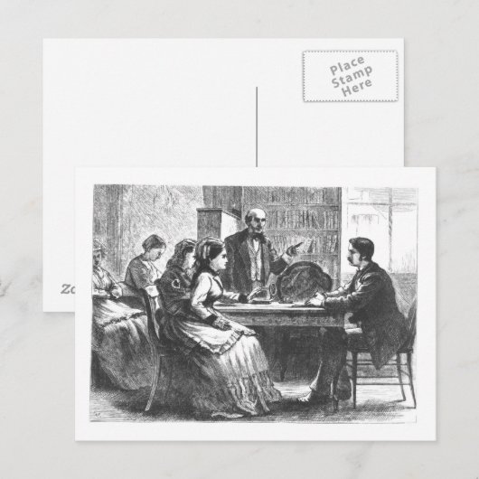 Een vrouw onderhandelt met een fabrieksleider, ass briefkaart (Voorkant / Achterkant)