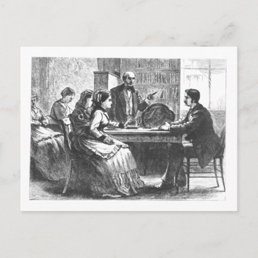 Een vrouw onderhandelt met een fabrieksleider, ass briefkaart (Voorkant)