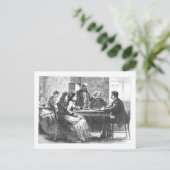 Een vrouw onderhandelt met een fabrieksleider, ass briefkaart (Staand voorkant)