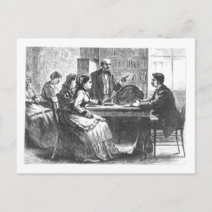 Een vrouw onderhandelt met een fabrieksleider, ass briefkaart