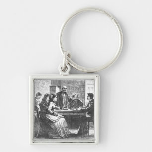 Een vrouw onderhandelt met een fabrieksleider, ass sleutelhanger